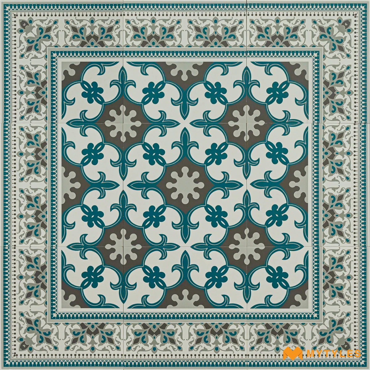 Teal Floral Carpet Tile | Seafoam Arabesque