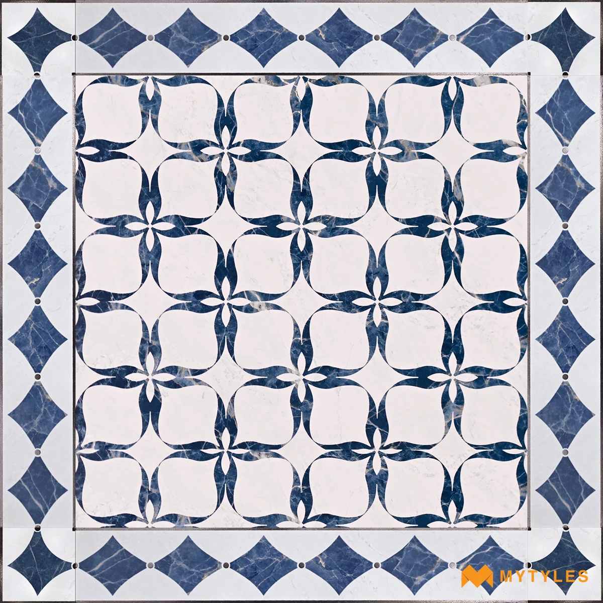 Blue & White Floral Carpet Tile | Indigo Rosette