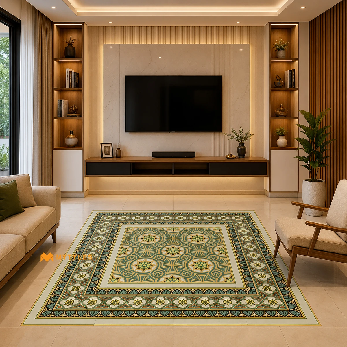 Green Medallion Carpet Tile | Sage Filigree