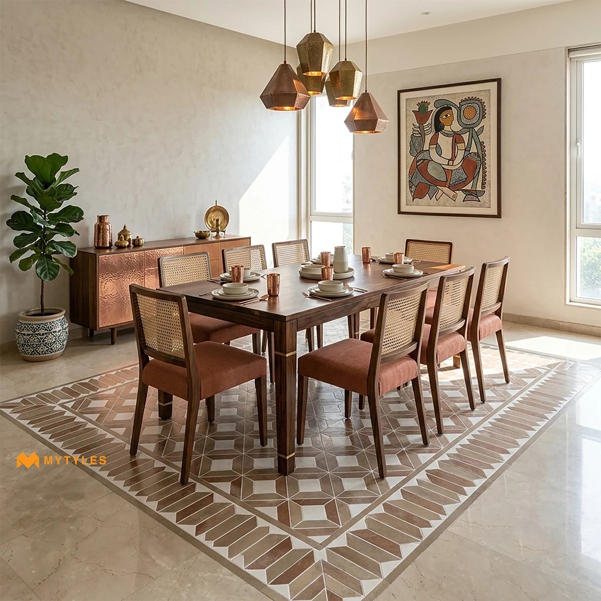 Brown & Beige Geometric Carpet Tile | Mocha Linkwork