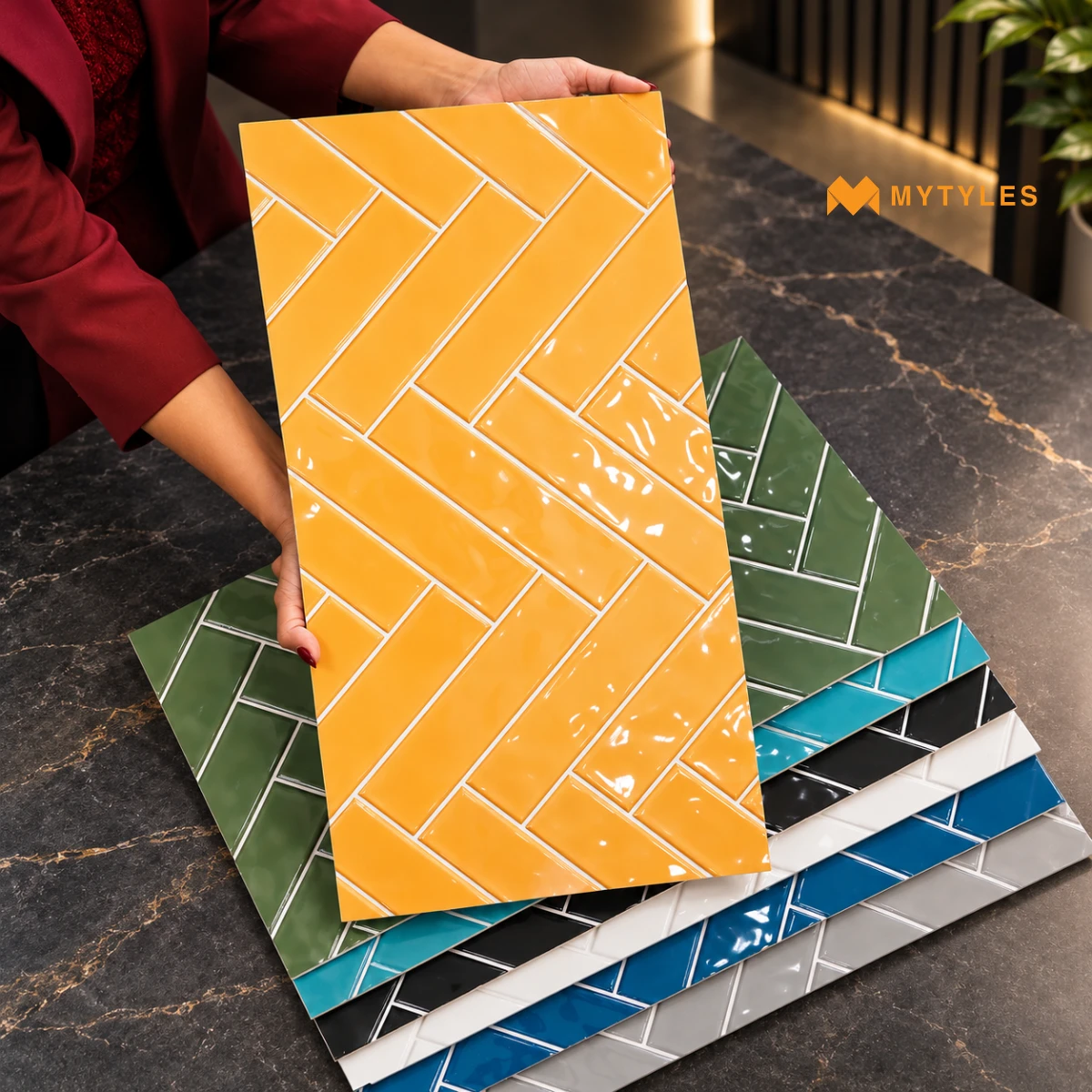 Multicolour Herringbone Geometric Tile | Prism Weave