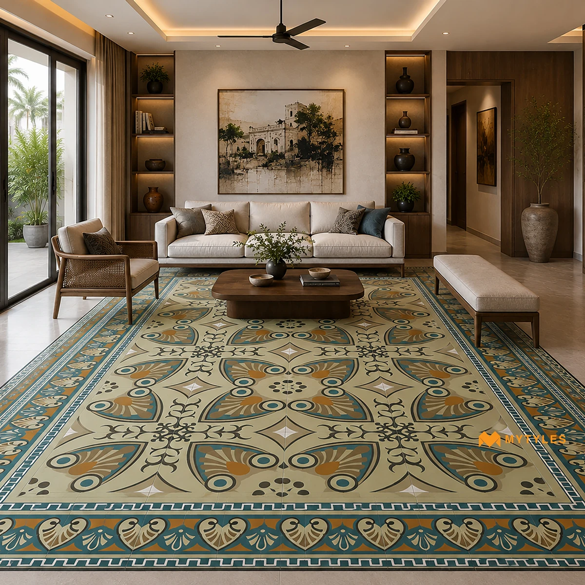 Beige Paisley Carpet Tile | Teal Palmette