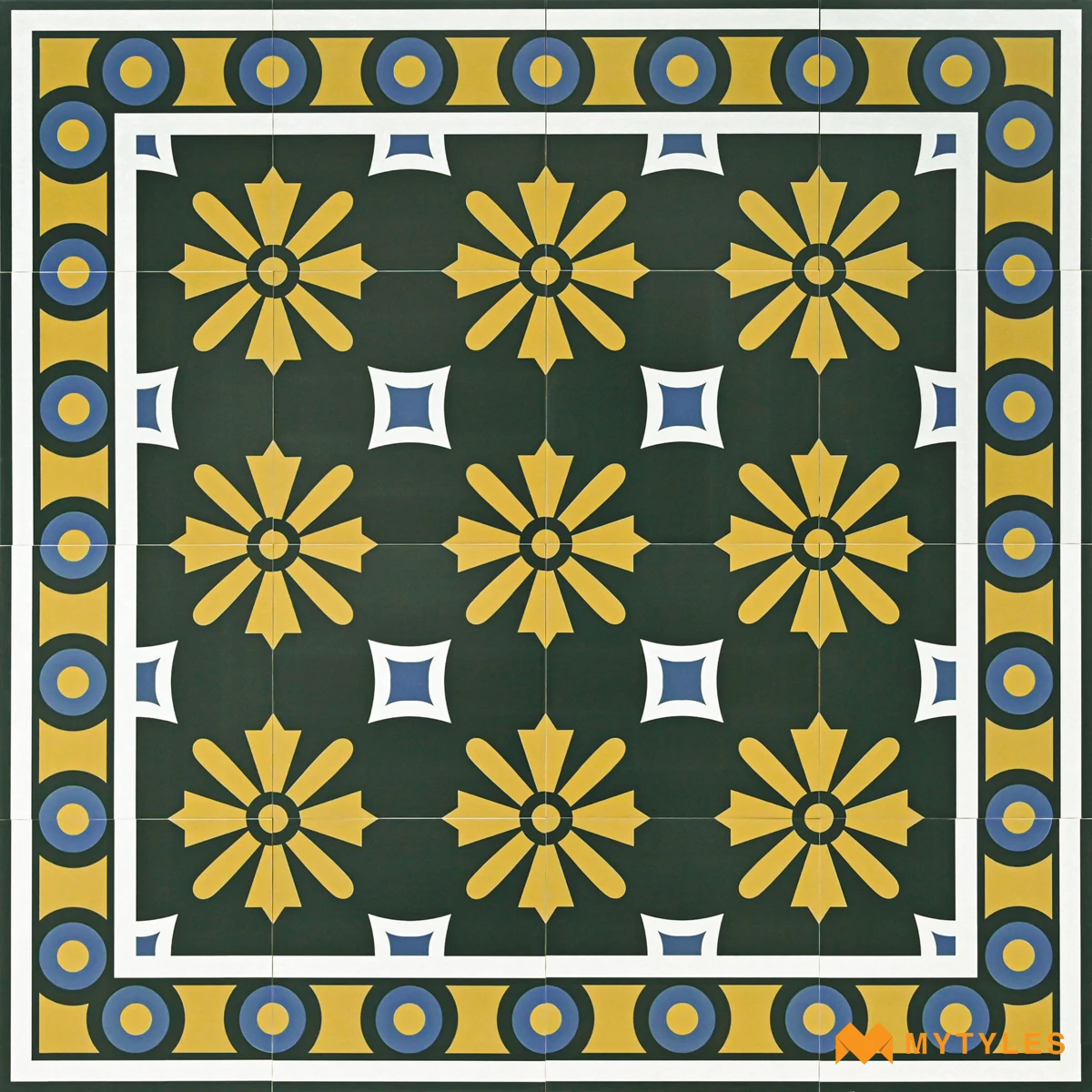 Green Floral Carpet Tile | Sunburst Bloom