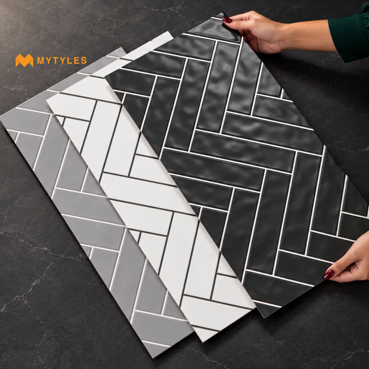 Black Herringbone Geometric Tile | Noir Interlock