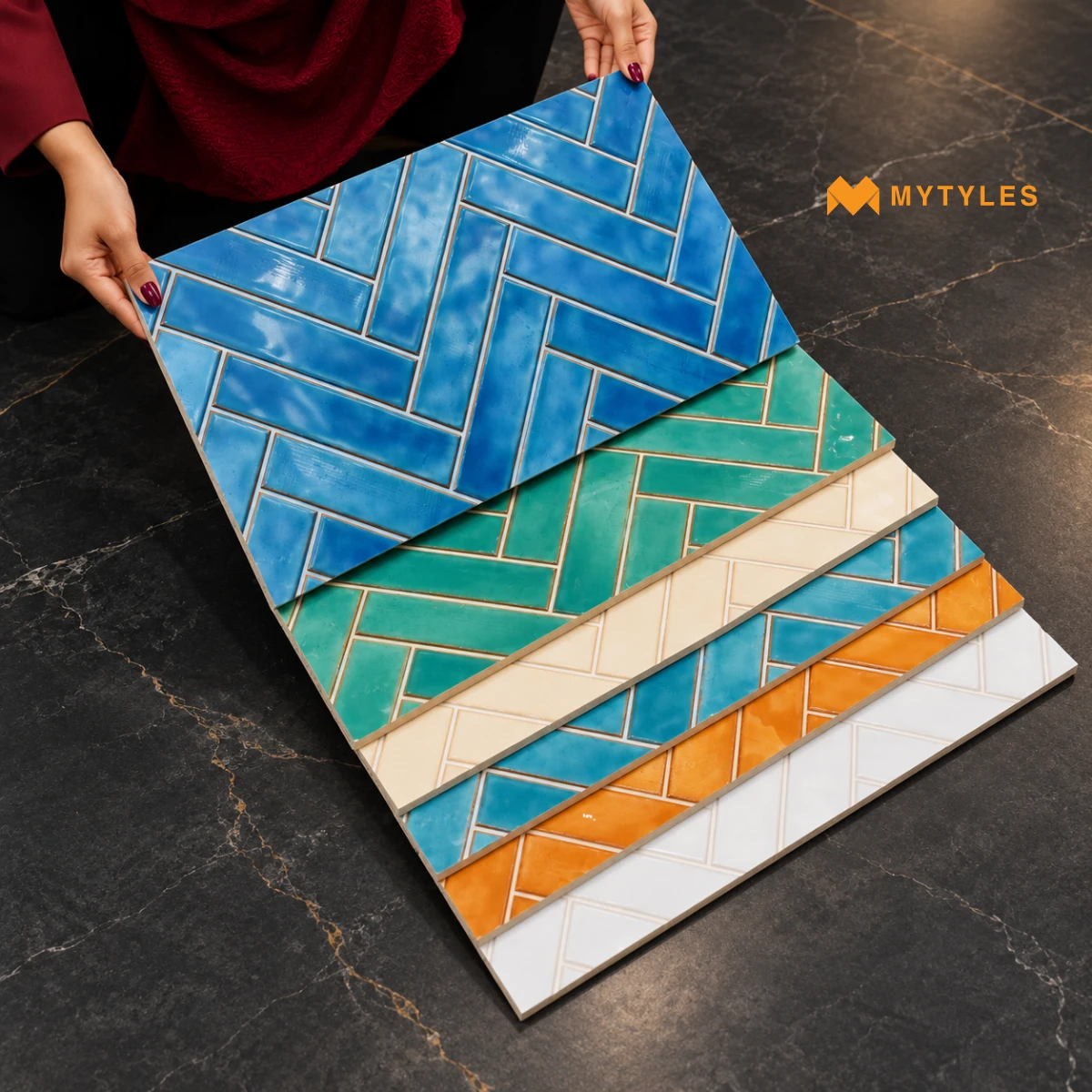 Blue Herringbone Geometric Tile | Azure Interlock