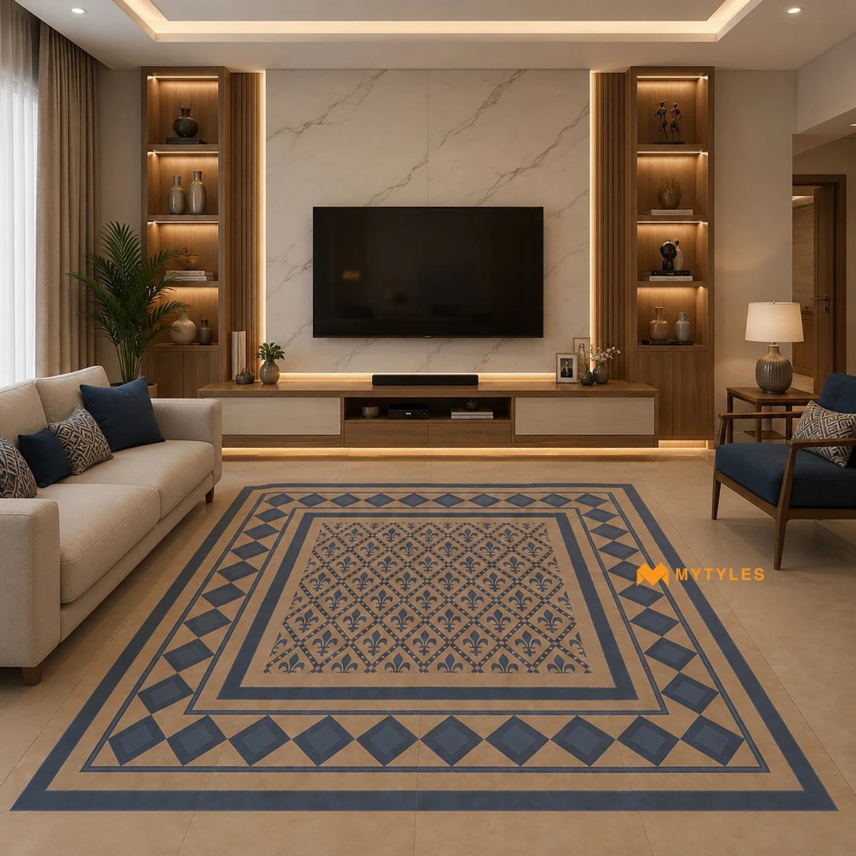 Beige & Blue Heritage Carpet Tile | Indigo Fleur