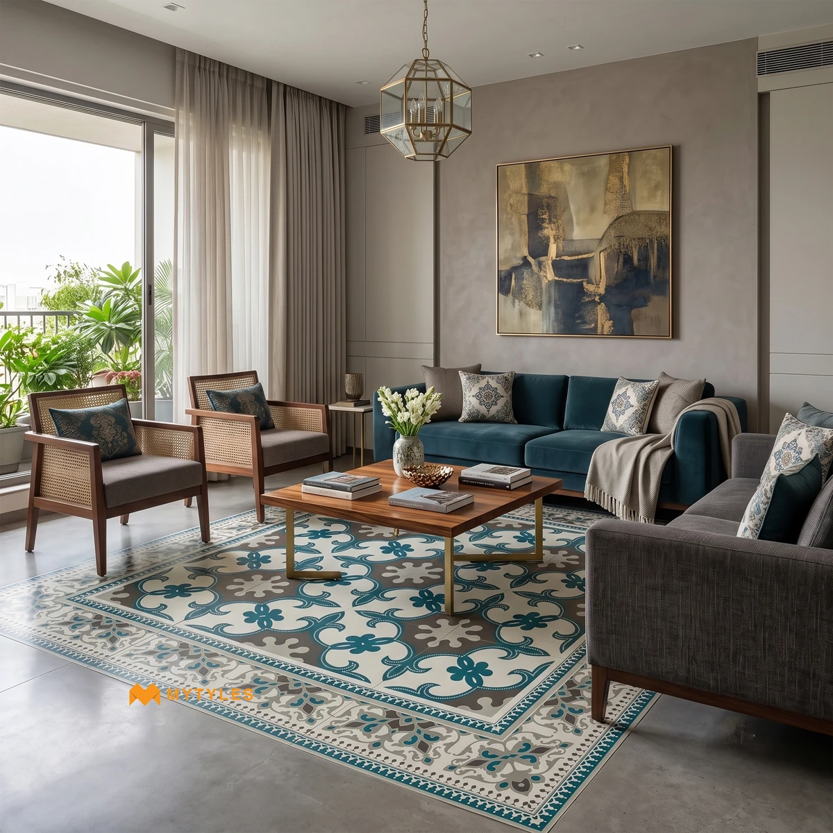 Teal Floral Carpet Tile | Seafoam Arabesque