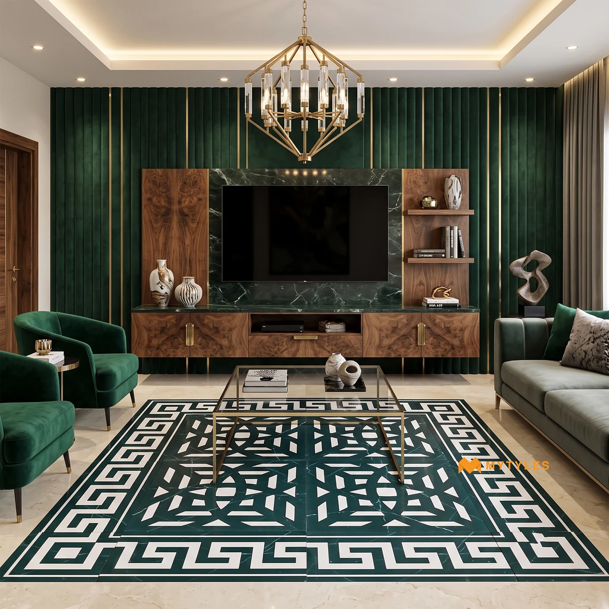 White & Green Geometric Carpet Tile | Malachite Labyrinth