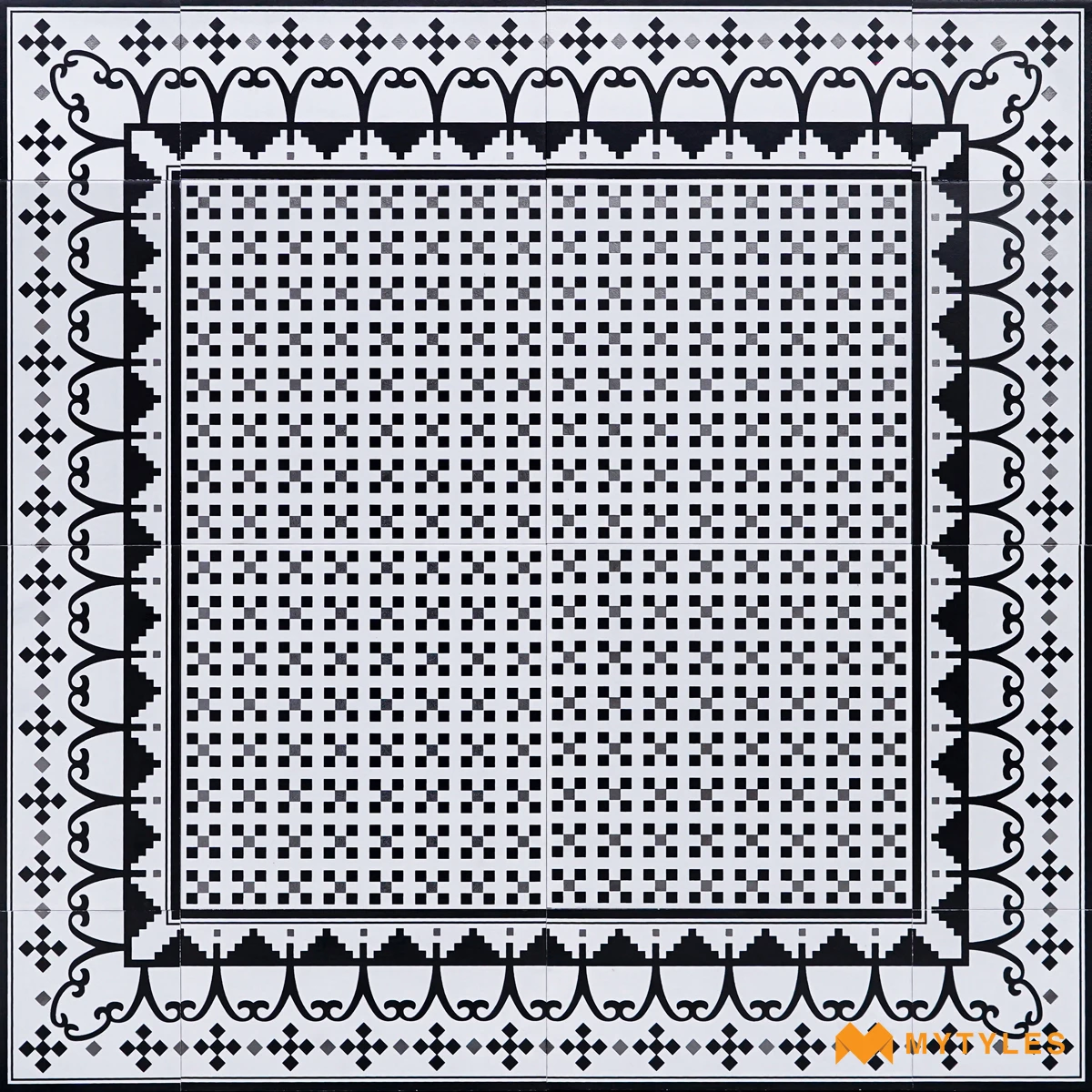 White & Black Mosaic Carpet Tile | Noir Scroll