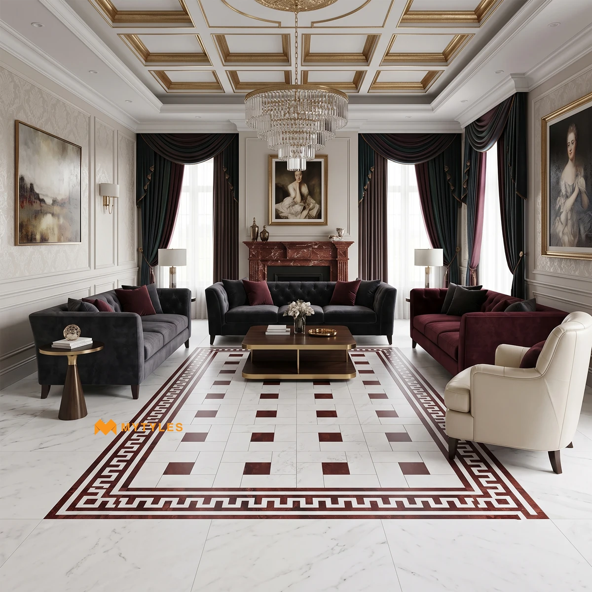 White & Red Geometric Carpet Tile | Crimson Meander