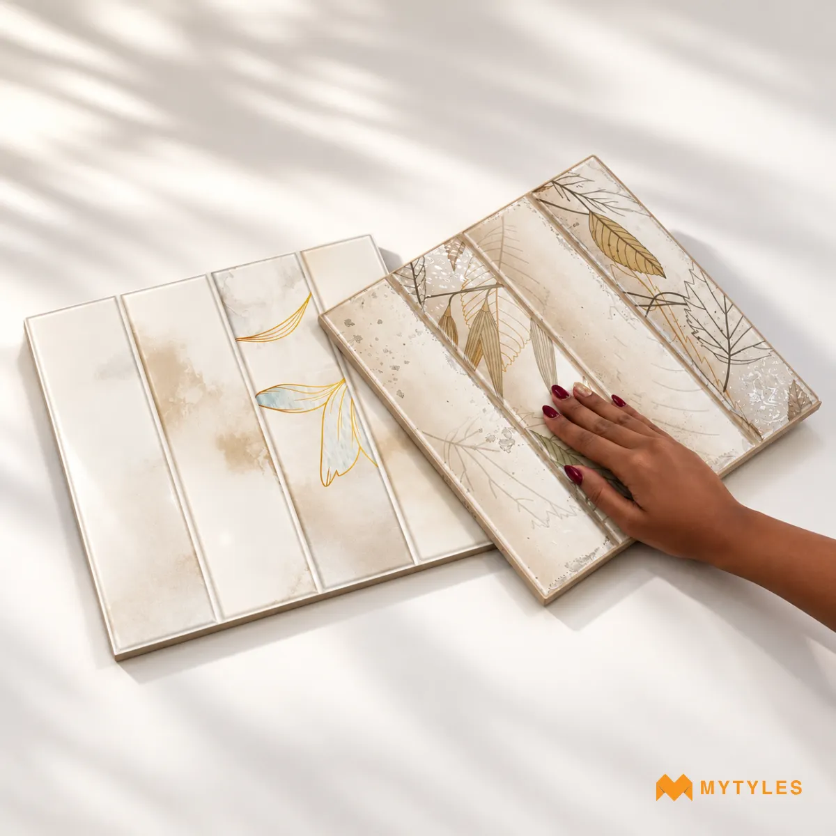 White Botanical Subway Tile | Golden Foliage | MyTyles