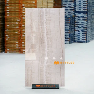 undefined-Navona Beige Glossy Vitrified Travertine Tile Code40457 600x1200mm  