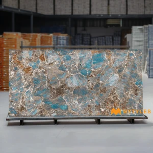 undefined-Blue Agate Gemstone Marble Look Glossy Vitrified Tile Code38722 1200x2400mm
