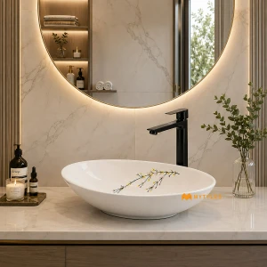 undefined-Zen Blossom Asymmetric Glossy White Ceramic Table Top Wash Basin Code39476