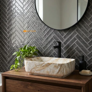 undefined-Ceramic Marble Finish Ivory Wash Basin Code31883 (325x450mm, Glossy)