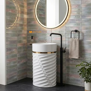 undefined-White Oval Leaf Textured Glossy Pedestal Wash Basin Code39622