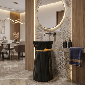 undefined-Artificial Stone Black Pedestal Wash Basin Code35280 (450x450x860mm, Metallic)