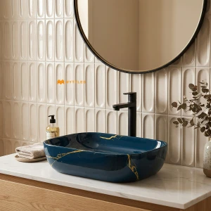 undefined-Peacock Blue Marble Effect Glossy Ceramic Table Top Wash Basin Code40528