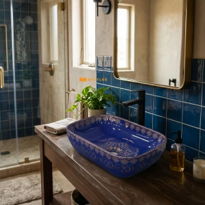 undefined-Royal Blue Gold Mandala Printed Glossy Ceramic Table Top Wash Basin Code40524