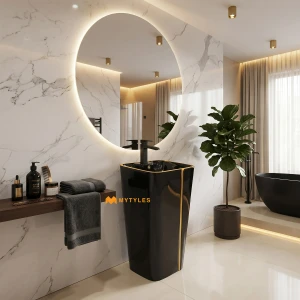 undefined-Ceramic Black Pedestal Wash Basin Code35278 (430x370x840mm, Glossy)