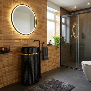undefined-Glossy Black Horizontal Ribbed Pedestal Wash Basin Code39623