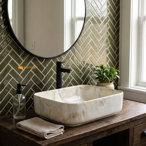 undefined-Ceramic Marble Finish Cream Wash Basin Code31891 (325x450mm, Glossy)