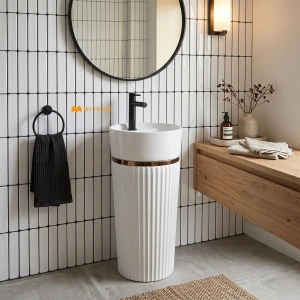 undefined-Gold Ring White Fluted Glossy Pedestal Wash Basin Code39621