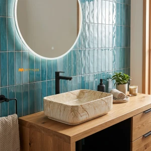 undefined-Ceramic Marble Finish Cream Wash Basin Code31890 (325x450mm, Glossy)