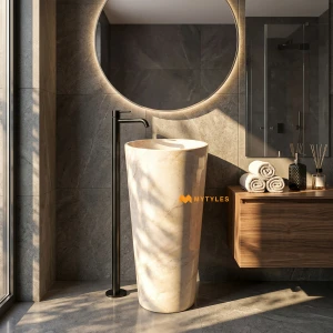 undefined-Ceramic Cream Pedestal Wash Basin Code35284 (375x375x800mm, Glossy)
