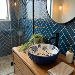 undefined-Indigo Sumie Abstract Glossy Blue Ceramic Table Top Wash Basin Code39480