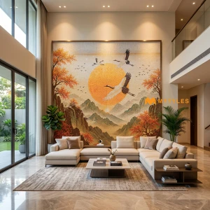 undefined-Horizon Flying Cranes Silhouette Vitrified Poster Tile Code40820 2400x2400mm 8Pc